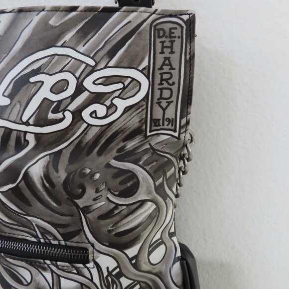 Ed Hardy Black Red Graphic Large Satchel Tote logo skull stud eagle - Picture 8 of 9